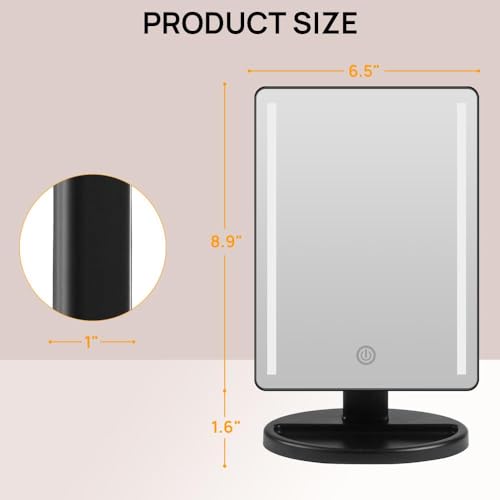 Lighted Makeup Mirror with Lights Vanity Makeup Mirror with Adjustable Brightness and 180 Degree Rotation Touch Screen Dual Power Supply Gifts for Teens Girls Women (Black)