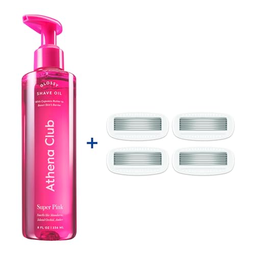 Athena Club Glossy Shave Oil for Women, Hydrating Pre-Shave Oil with Jojoba and Avocado Oils, Smooth Glide for Sensitive Skin, Super Pink Scent, 8 fl oz, Pack of 1 + 4 Razor Blade Refills