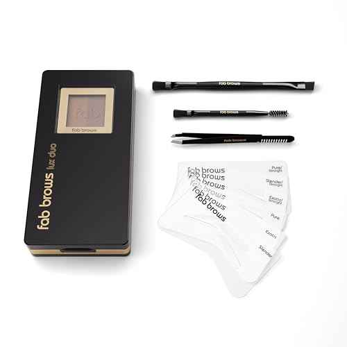 Fab Brows LUX Duo Stencil Eyebrow Kit - The Ultimate Brow Stencil Kit with Duo Brow Powder, Highlighter Powder, Stencil Shapes, Eyebrow Tools & Mirror - Eyebrow Stencil Kit Makeup - Light Brown/Medium