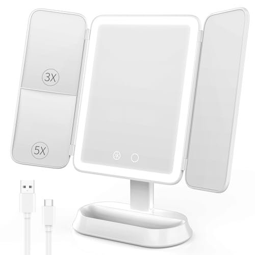 FRANO Rechargeable Trifold Makeup Mirror with 3X/5X Magnification & Dimmable LED Lights