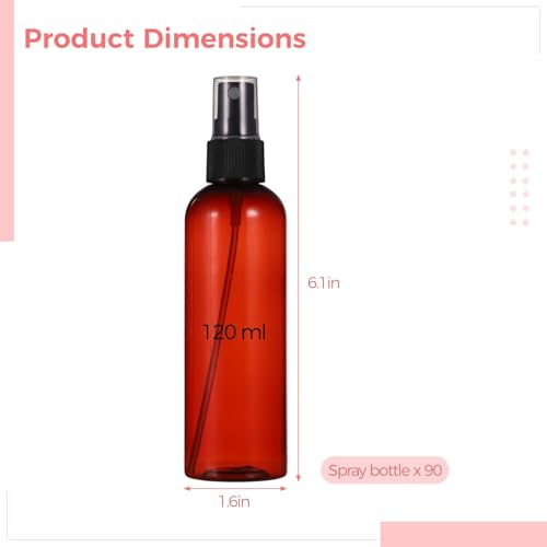 90 PCS Amber Plastic Spray Bottles 4 oz - 120ml Plastic Travel Sprayer Set Brown PET Bottles with Black Nozzles for Liquids, Perfumes, Cosmetics, and More