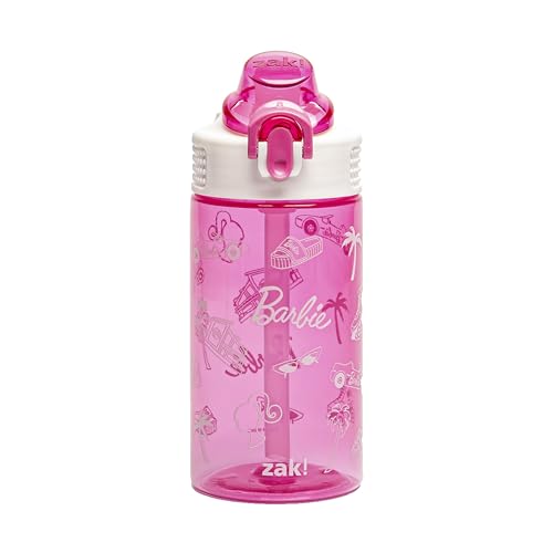 Zak Designs Sage Barbie Water Bottle For School or Travel, 16oz Durable Plastic Water Bottle With Straw, Handle, and Leak-Proof, Pop-Up Spout Cover (Barbie)