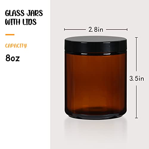 EkkoVla 24 Pack 8 oz Amber Round Glass Jars with 24 Black Lids, Candle Making Jar, Empty Refillable Cosmetic Containers for Lotions, Face Creams, Body Butter, Powders, Ointments, Beauty Products