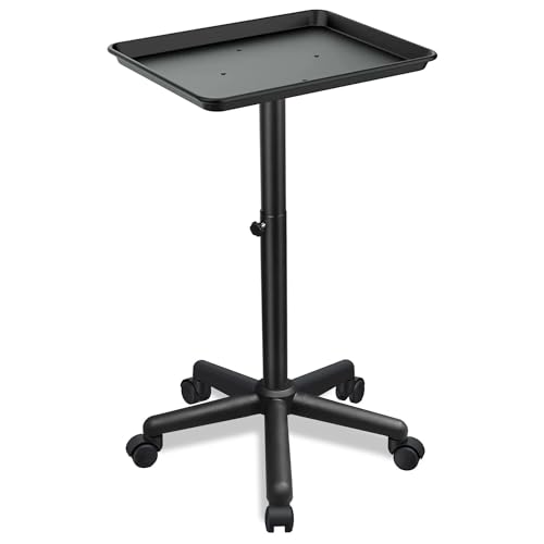 Fuehomue Black Salon Rolling Tray on Wheels with Adjustable Height for Hair, Tattoo & Dental Use