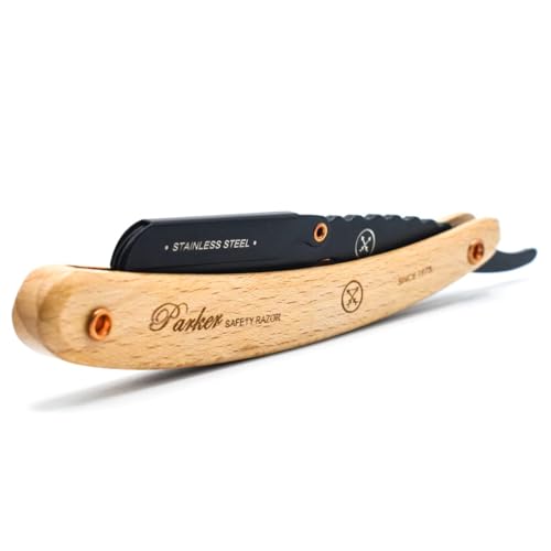 Parker SRP Pine Wood Handle Straight Edge Barber Razor ? Stainless Steel Clip?Type Straight Razor, 5 Premium Half DE Blades Included