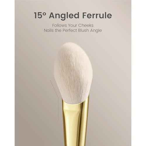 Desert Oak Series CM 160 Angled Blush Brush for Cheeks ? Ideal for Powder & Cream Blush, Golden Brass Ferrule, Ebana Bubinga Handle, Soft Nylon Bristles