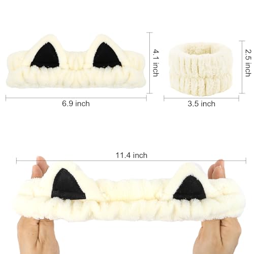 WHAVEL 3PCS Spa Headband and Wristband Set, Cute Cat Ears Headband for Washing Face Makeup Headband Face Wash Headband Wrist Bands(Beige)