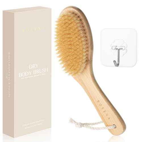 ROSENA Dry Brushing Body Brush with Curved Handle - Dry Brush Natural Boar Bristles, Bamboo, Ergonomic Design for Exfoliating & Lymphatic Drainage, Sustainable Materials