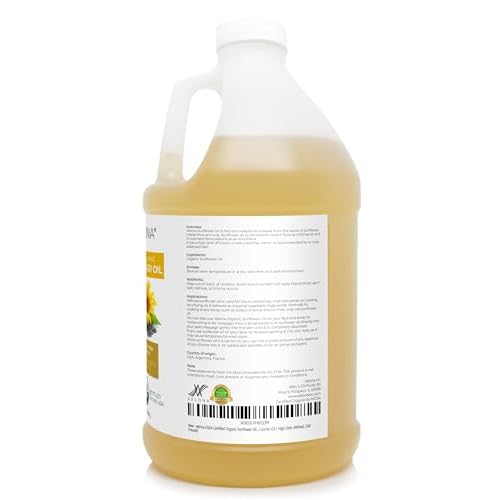 velona USDA Certified Organic Sunflower Oil - 1 Gallon / 128 Fl Oz | 100% Pure and Natural Carrier Oil | High Oleic, Refined| Cooking, Skin, Hair, Body & Face Moisturizing