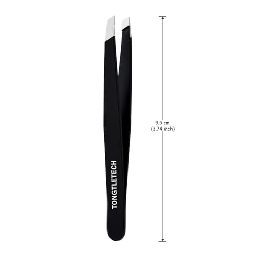 TONGTLETECH Black Stainless Steel Eyebrow Tweezers - Precision Slant Tip for Facial Hair Removal