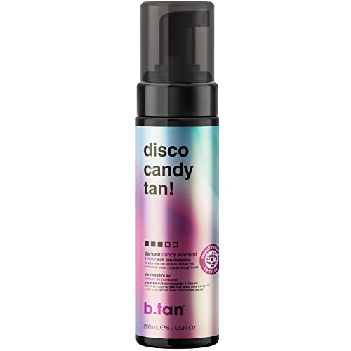 b.tan Dark Self Tanner | Disco Candy Tan - Fast, 1 Hour Express Sunless Tanning Mousse, Candy-Scented, Sweat-Proof & Transfer Resistant, No Fake Tan Smell, Vegan, Cruelty Free, 6.7 Fl Oz