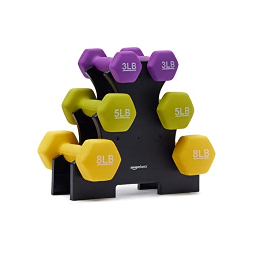Amazon Basics Neoprene Dumbbell Set with Rack - 3, 5, 8 lbs Hand Weights for Exercise & Strength Training