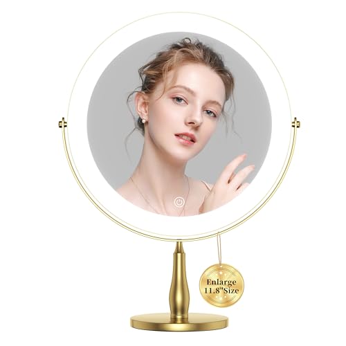 11.8" Extra Large Lighted Makeup Mirror, 1X/10X, 2-Sided Magnifying Mirror with 96 LEDs, 3 Color Dimmable Lights, 360¡Æ Swivel, LED Vanity Mirror, White - Great Gift Gold