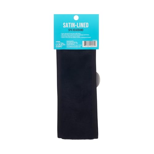 KISS COLORS & CARE Satin-Lined Spa Headband, Super Absorbent Soft Terry-Cloth, Premium Charmeuse Silky Satin, Hook & Loop Closure, Water Resistant, Black (Pack of 2)