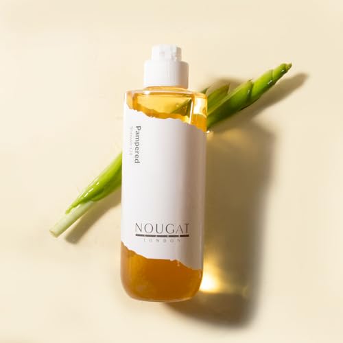 NOUGAT Pampered Shower Oil for Daily Bath Routine, Transforming Oil-to-Milk Body Cleanser for Makeup & Sunscreen Removal, Hydrating Botanical Wash for Dry Skin Relaxation at Home, Exotic Scent, 372g