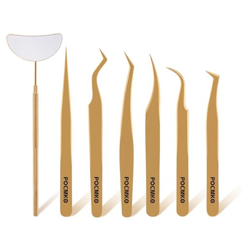 Lash Tweezers for Eyelash Extensions, Professional Eyelash Tweezer Set, Lash Extension Tweezer Kit (Set of 7, Gold)