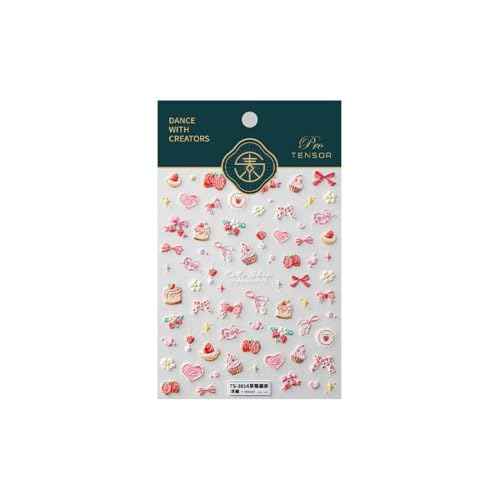 5D Embossed Pink Nail Stickers for Nail Art Cake Strawberry Bow Nail Art Stickers Nail Decals Self Adhesive Cute Nails Design Manicure Supplies Charm for Women Nails Decorations