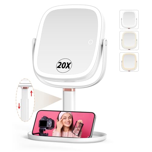 Mocado Lighted Makeup Mirror with 1X/20X Magnification - Adjustable Brightness & Height, 360° Rotation