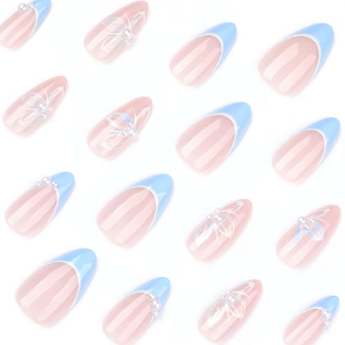 Blue Petal Pearl Medium Almond Press On Nails with French Tips - Wedding & Party Design