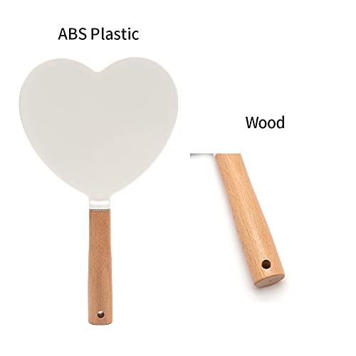 YEAKE Heart-Shaped Hand Held Mirror with Wooden Handle - Travel Vanity Mirror for Men & Women, 9 x 5.5 Inches, White & Heart
