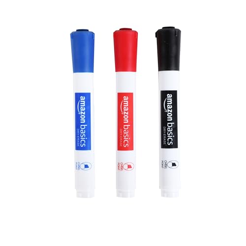 Amazon Basics Low-Odor Chisel Tip Dry Erase Whiteboard Marker, 3 Count, 1 Pack, Black, Red, Blue