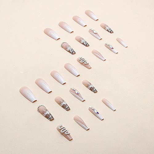 MISUD Coffin Press on Nails Long Ballerina Fake Nails Glossy Glue on Nails White French Tip Artificial Acrylic Nails Luxury 3D Snake Shpae Rhinestone Stick on False Nails 24 pcs