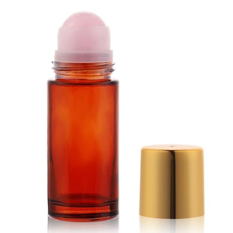 1.7oz Amber Glass Roll-On Bottles with Pink Crystal Rollerball
