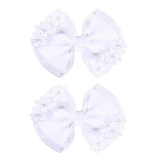 4" Flower Hair Bows for Girls White Pearl Bowknot Hair Clips Floral Ribbon Alligator Barrettes Toddler Teen Kids Women Wedding Pageant Communion Party Dress Decoration Accessory