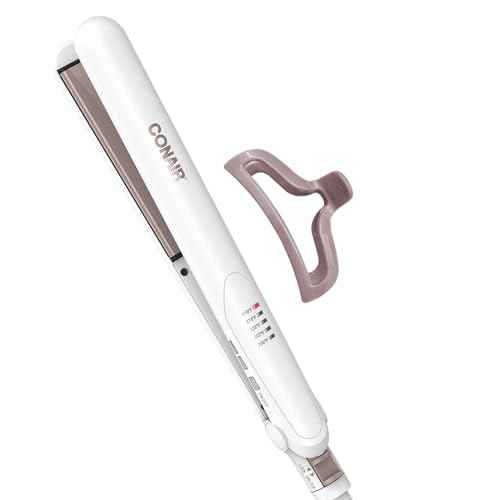 Conair Double Ceramic Flat Iron, 1-Inch Flat Iron Hair Straightener with Claw Clip, 5 Heat Settings, Extra-Long Floating Plates, White