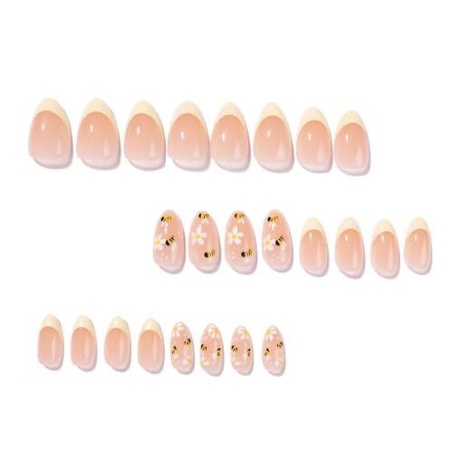 Short Almond Press On Nails with Daisy Bee Design, 24PC