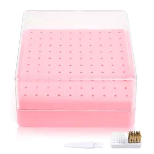 Nail Drill Bits Holder & Nail Drill Bits Cleaning Brush, 100 Holes Nail Bit Holder, Dustproof Nail Art Drill Bits Display Storage Box, Nail Drill Bit Holder for Nail Tech (Pink)