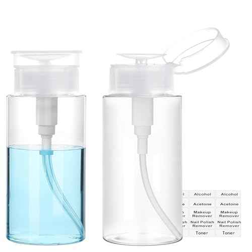 Push Down Pump Dispenser, 3.4oz Clear Pump Bottles with Alcohol, Acetone, Nail Polish Remover, Makeup Remover, Toner Stickers Empty Push Top Container for Liquid (100ml-2Pack)