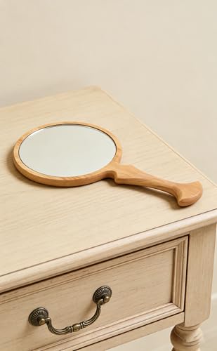 Wooden Handheld Mirror 5.1" Vintage Round Beech Wood with Handle
