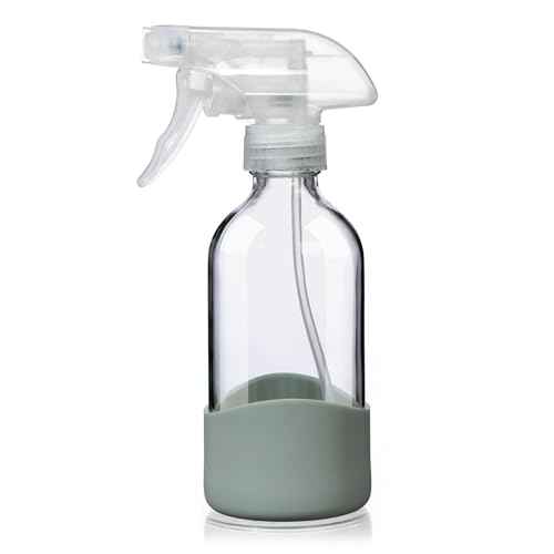 8oz Clear Glass Spray Bottles with Silicone Sleeve?Refillable Spray Bottles for Cleaning Solutions,Hair,Plants&Essential Oils?Leakproof,Adjustable Nozzle,Reusable,Eco-Friendly (1 Pack)