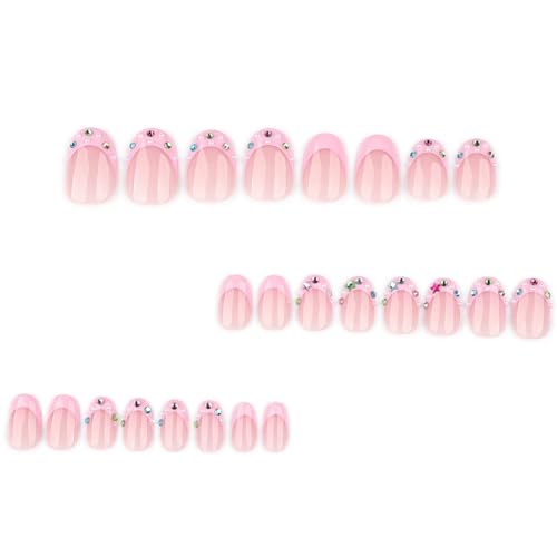 Foccna Almond Pink Press-On Nails with 3D Crystal - 24pcs
