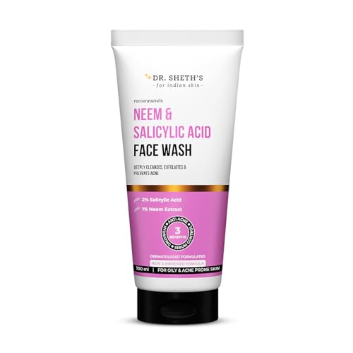 Dr. Sheth¡¯s Neem & Salicylic Acid Face Wash | Deeply Cleanses & Unclogs Pores | Controls Acne, Blackheads & Oil | Unisex BHA Cleanser | 3.38 Fl Oz/100 ml