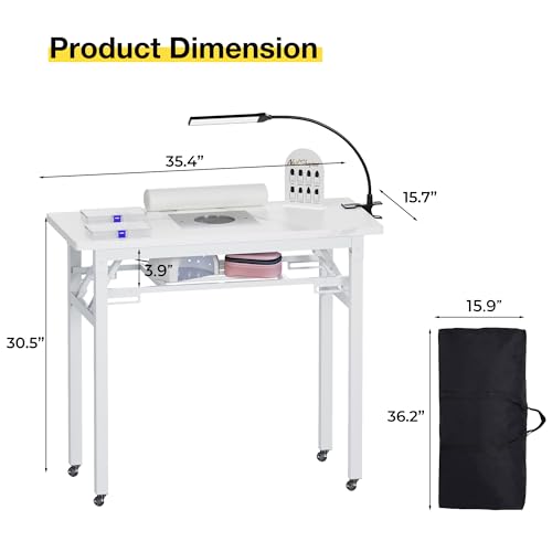 Portable Foldable Manicure Table with Dust Collector & LED Lamp