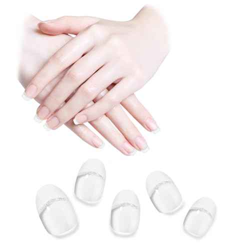 Semi Cured Gel Nail Strips - White French Tip, Clear Base with Silver Glitter Line, 20 Pcs DIY Gel Nail Wraps, Beginner-Friendly, Salon-Quality, UV Light Required