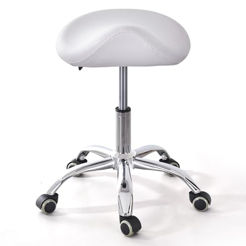Ergonomic Saddle Rolling Stool for Salon Office Bar Tattoo Lash Tech Manicure Kitchen Hygienic Home Eyelash Artist Spa Metal Stool with Wheels Adjustable Seat Chair,White