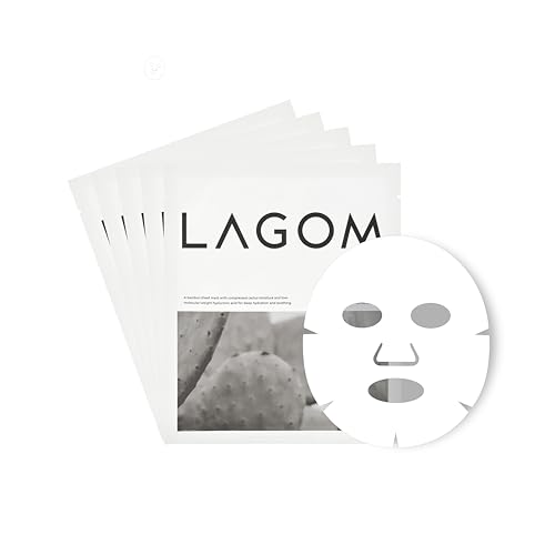 LAGOM Aqua Cactus Mask Pack- 5 Facial Sheet, Moisture Recharge, Cool Heated Skin, Red Sensitive Skin, Korean Skincare (0.91fl oz x 5 sheets)