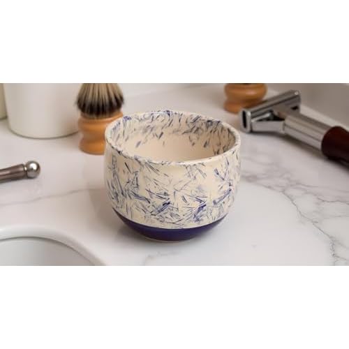 ETROVES Ceramic Shaving Bowl | Scuttle Leather Bowl for Men, Easy Leather Soap Bowl, 4 Inch, White Blue