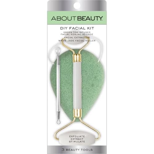 DIY Facial Kit - 3 Salon Quality Beauty Tools, Includes Green Tea Konjac Sponge, Facial Extractor and Facial Roller, Exfoliate, Stimulate & Extract Your Skin at Home