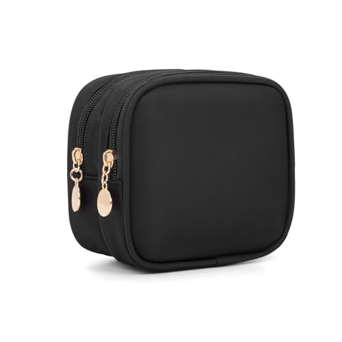 Compact Double Zipper Makeup Pouch - Travel Cosmetic Bag - Black