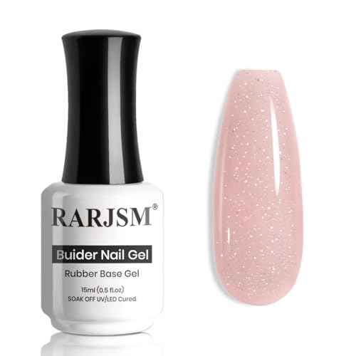 RARJSM Nude Glitter Rubber Base Gel Nail Polish Icy Jelly Pink Rainbow Shimmer Rubber Base for Nails Iridescent Brush on Quick Extend Builder Hard Gel Soak Off Curing Requires 15ml French Manicure