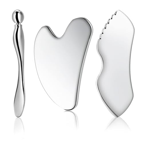 Gua Sha Facial Tools, 3 in 1 Stainless Steel Metal Guasha & Eye Cream Applicator Facial Sculpting Tool Set Eye Massager Lymphatic Drainage for Face Neck (Plastic Box 3, Count, 3)