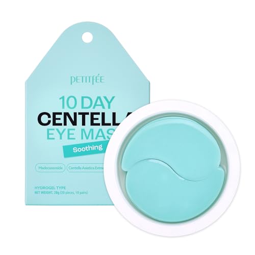 Petitfee 10 DAY Eye Mask Centella 20pcs (10pairs) - Soothing Eye Patch, Calming Eye Area with Madecassoside, Centella Asiatica Extract, Asiaticoside, travel friendly, lightweight