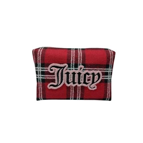 Juicy Couture Red Makeup Bag Cosmetics Organizer Travel Essentials Zip Top Wedge Plaid Flannel