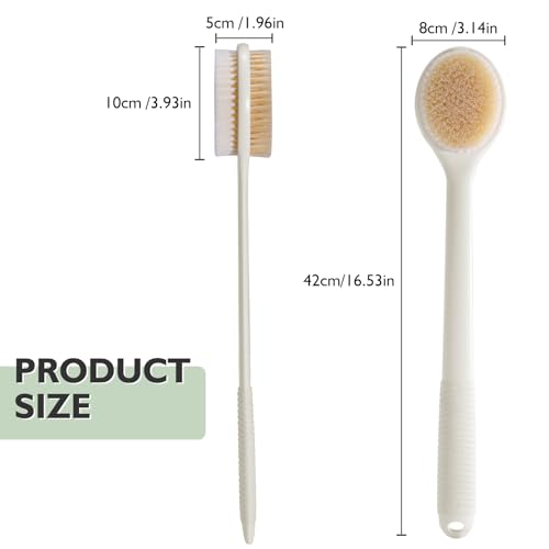 VANZAVANZU 17 Inch Anti-Slip Long Handle Back Scrubber for Shower ? Dual-Sided Shower Brush and Shower Back Scrubber with Soft and Stiff Bristles for Wet or Dry Brushing (Cream White)