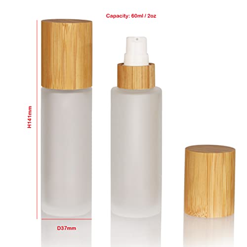 COSIDEA 6 pcs Empty 2oz / 60ml bamboo lids Frosted glass bottle with lotion pump dispenser, refillable emulsion cosmetic cream bottles, toiletries refill travel container
