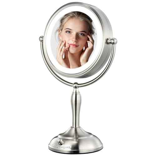 7.5¡± Lighted Makeup Mirror with 3 Color LED Dimmable Lighting, 1X/10X Magnifying Mirror with Light, Free Swivel Vanity Mirror, Senior Pearl Nickel Travel Mirror, Dual Power Supply